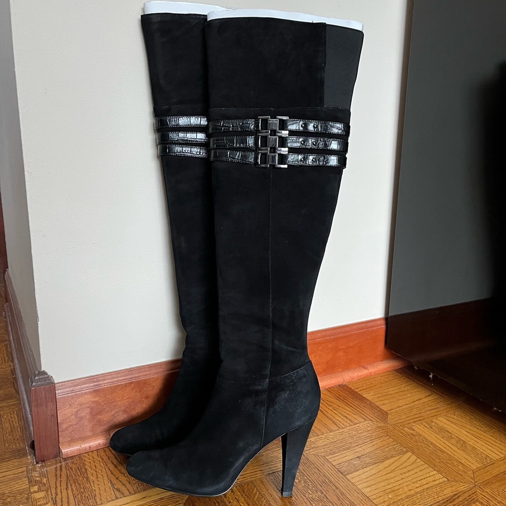 Calvin Klein Black suede high heel boots Round toe Crocodile strap 10
